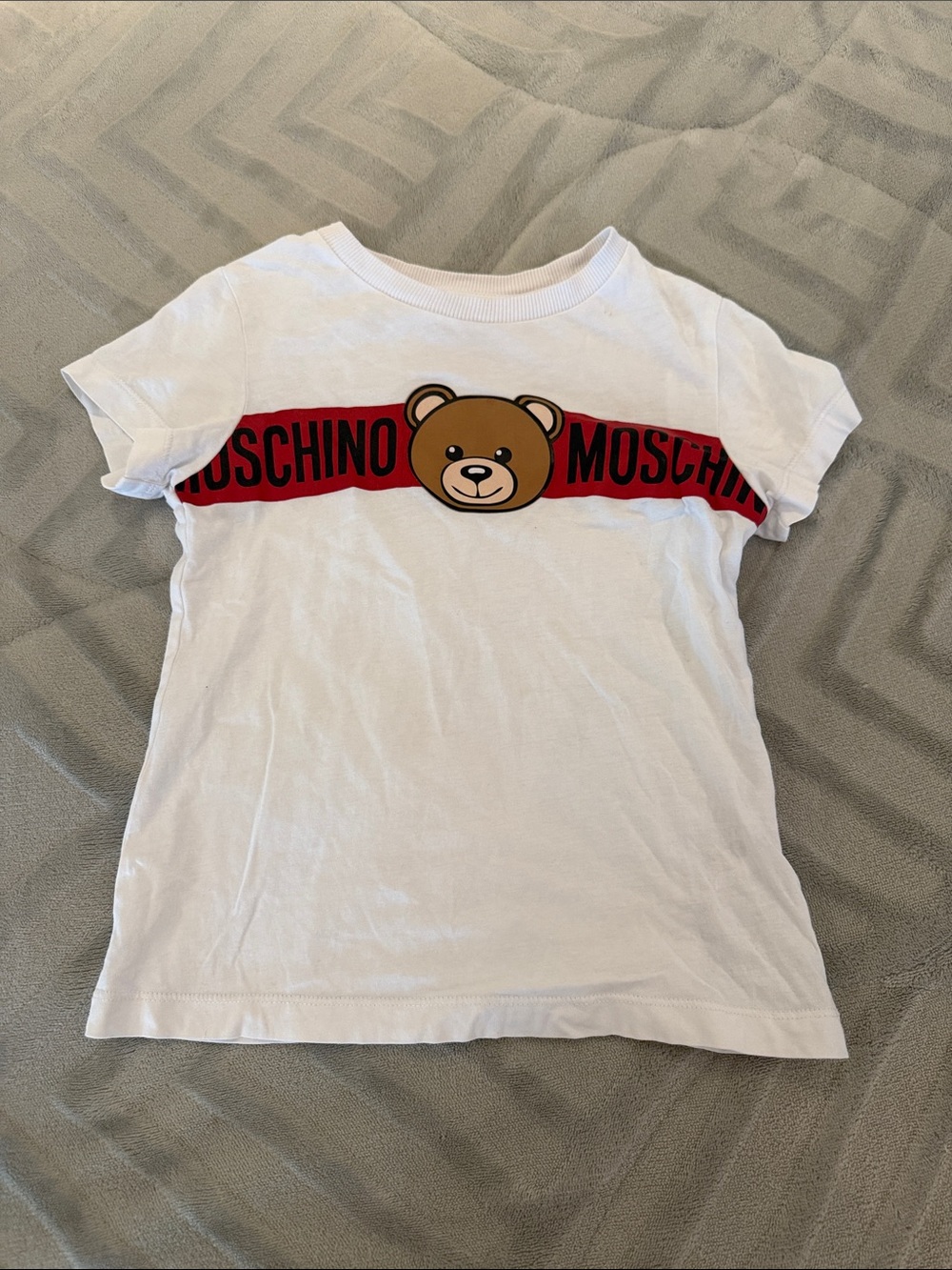 Moschino White Short-Sleeve Tee with Red Logo Band and Bear